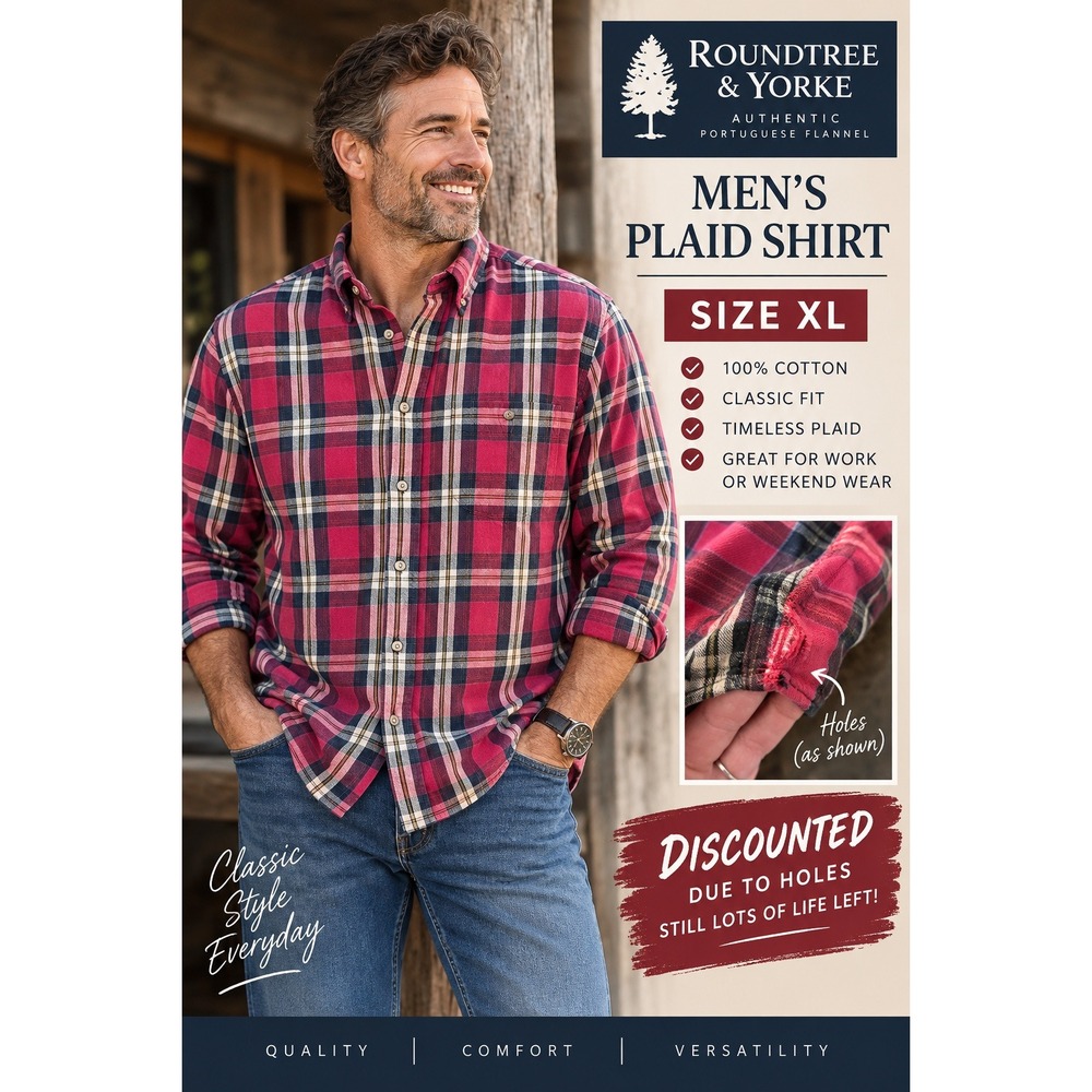 Roundtree & Yorke Mens XL Red Plaid Portuguese Flannel Button Down Shirt